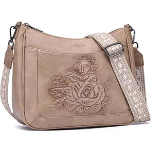MEITRUE Crossbody Bags for Women,Rose Embossed Vegan Leather Medium Hobo Purse with Strap Travel Shoulder Handbag