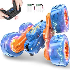 SpringFlower Remote Control Car Toy for Boys 3 4 5 6 7 8 Years Olds, Rechargeable Dinosaur RC Cars,360° Flip Double Sided RC Stunt Cars with Led Light, Dinosaur Toys for Kids Birthday Xmas Gifts,Blue
