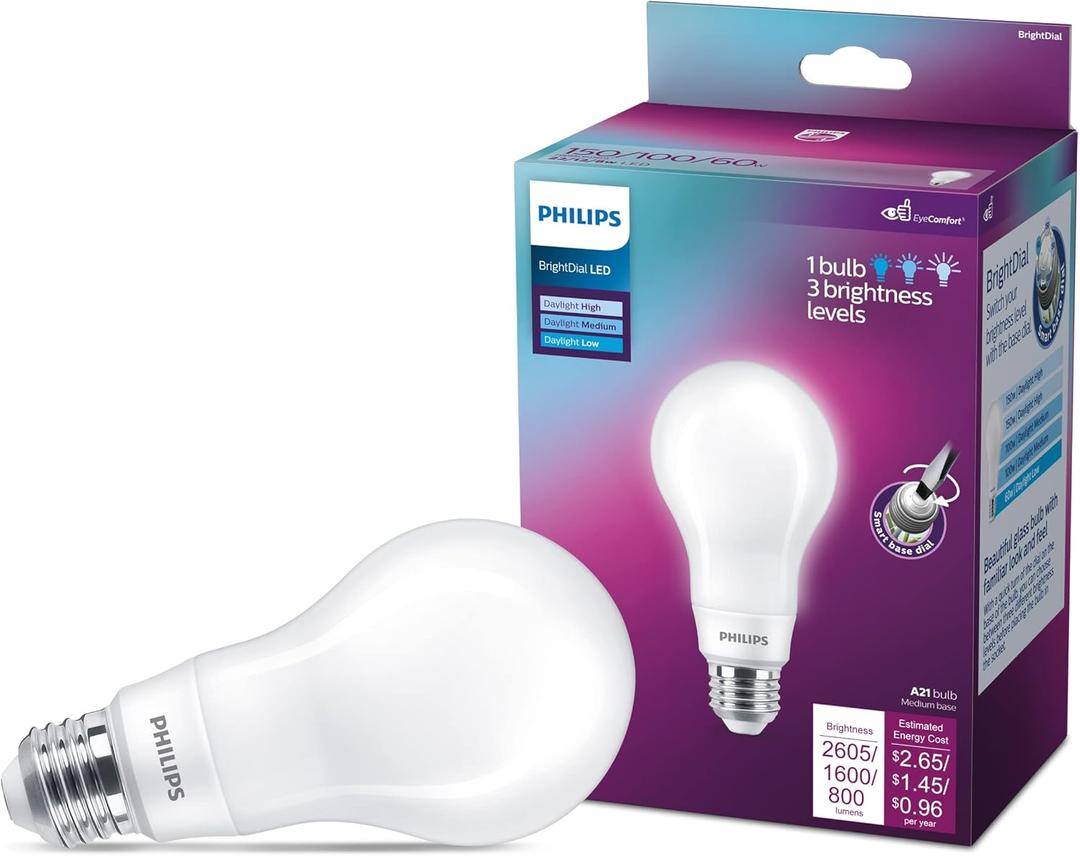 PHILIPS LED 150-100-60W A21 1-Pack BrightDial Daylight (5000K) 2605-1600-800 Lumen (22-12-8W = 150-100-60W) Frosted Flicker-Free Light Bulb