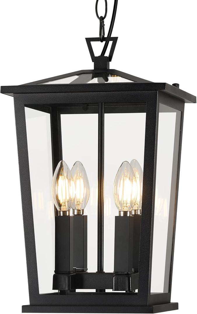 Outdoor Pendant Lights for Porch, 16" 4-Light Large Outdoor Chandelier with Clear Glass, Black Modern Exterior Hanging Porch Light with Long Chain for Gazebo Foyer, OS-OD2601-4HL