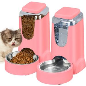 Automatic Cat Feeder and Water Dispenser with Stainless Steel Bowl Dog Gravity Food Feeder and Waterer for Small Medium Pets Puppy Kitten 1 Gallon x 2 (Pink3.8L*2)