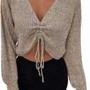 WDIRARA Women's Drawstring V Neck Sweater Long Sleeve Pullover Knit Crop Top (Khaki)
