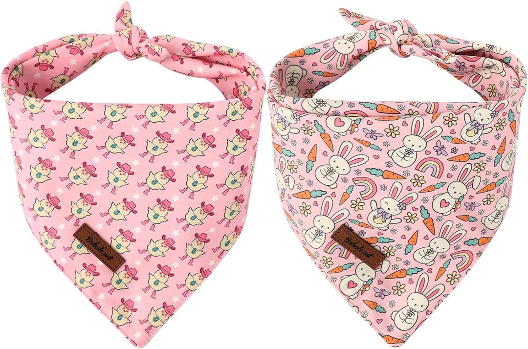Easter Dog Bandanas 2 Pack, Pink Bunny & Chick Pattern Easter Dog Scarf Bib for Boy and Girl, Cute Holiday Bandana for Medium and Large Dogs