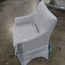 Martha Stewart London Upholstered Skirted Dining Arm Chair with Casters – Curved Back, Removable Seat Cushion, for Dining Room, Home Office, or Living Space, Light Blue