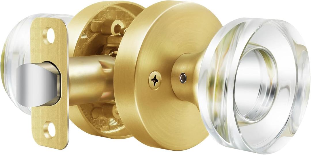Gold Door Knob Crystal Door Knobs Passage Door Knobs Interior, Modern Round Glass Door Knob Satin Brass Door Knob Brushed Gold Door Handle for Hallway Pantry Closet Door Knob (1 Pack Passage)
