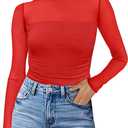 Womens Sexy Mesh Long Sleeve Shirts Fashion Clothing Turtle Necks Sheer Ruched Going Out Tops Fall Outfits Slim Fit Blouses (Red, M)