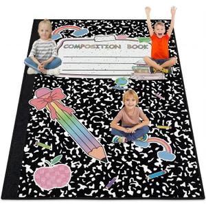 Teenyyou 5 x 7.6 ft Composition Notebook Classroom Rug School Style Classroom Carpet with Bow Pencil Book Club Educational Area Rug for Kid Playroom Carpet for Teaching and Playroom, 1'3" x 1'11"