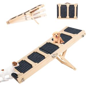 GENMOUS 30.5" Wooden Adjustable Dog Ramps for Bed,5 Levels Height Pet Steps for Small Dogs and Cats,Non-Slip Balanced Dog Indoor Outdoor Ramp,Wood Color