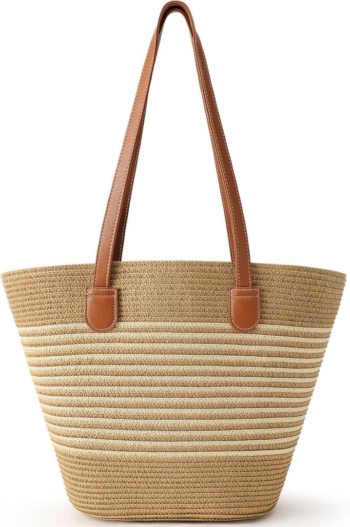 Beach Bags for Women, Summer Straw Beach Bag Straw Purse Shoulder Handbags Large Beach Tote for Summer Vacation (White Stripe - Khaki)