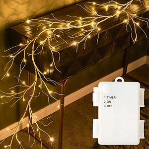 Fudios Lighted Birch Garland with Timer 48 LED Fairy Lights 6ft Battery Operated for Mantle Decor, Lit Christmas White Twig Garland Winter Home Wall Decoration Indoor Outdoor Use 1 Set