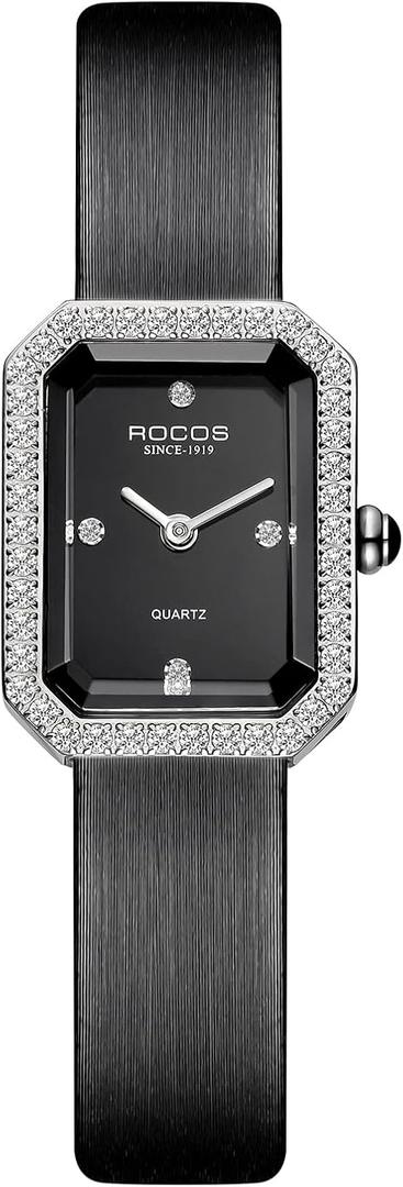 ROCOSJEWE Square Luxury Dress Watch, Small Black Dial with Diamond Accents, Silver Bezel & Black Leather Band, Elegant Retro Wrist Watch, Waterproof Women's Quartz Watch, Ideal Gift for Her R0249