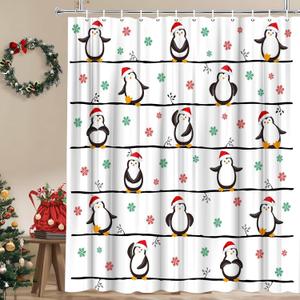 Christmas Penguin Shower Curtain Cute Funny Penguins with Xmas Hat Snowflake Winter Animal Boys Girls Bathroom Decor Polyester Fabric Curtains with Hook 70Wx70H Inches