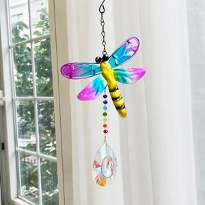 Brezalysia Stained Glass Suncatcher for Windows Hanging Crystal Ornament with Prism Pendant Animal Sun Catchers Rainbow Maker Garden Decor, Dragonfly