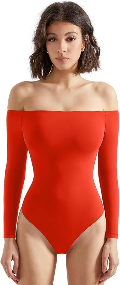 SUUKSESS Women Off the Shoulder Long Sleeve Bodysuit Double Lined Thong Bodysuit (Large, Red)