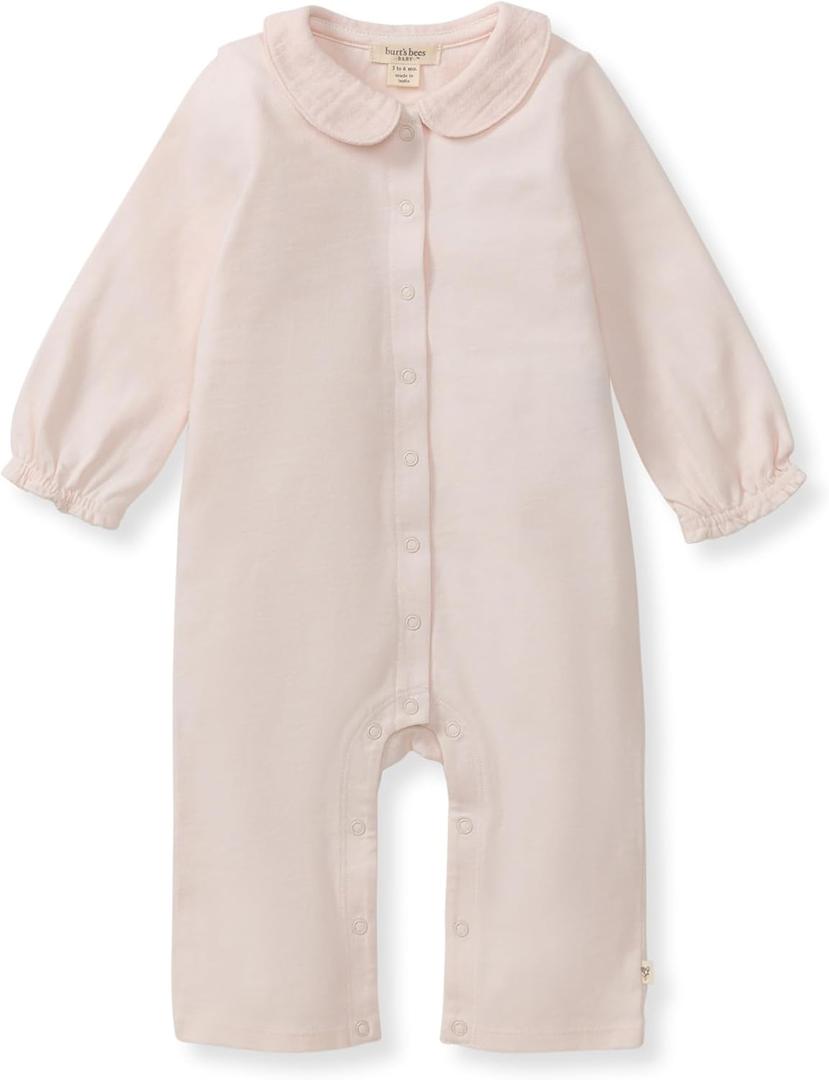 Burt's Bees Baby baby-girls Long Sleeve Jumpsuit, 100% Organic Cotton, One-piece Coverall Outfit With Collar (6-9 Months, Angelic)