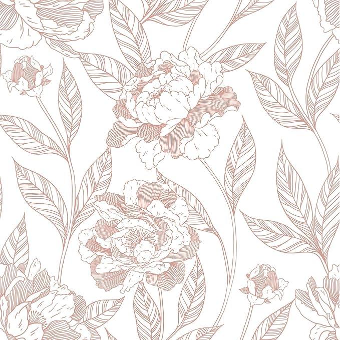 Vinjiasin Wallpaper Peel and Stick Pink Floral Contact Paper Self Adhesive Removable Line Peony Flower Leaf Wall Paper for Bedroom Bathroom Nursery 78.7"x17.3", Pack of 2