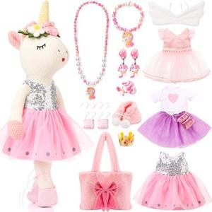 HyDren 15 Pcs Unicorn Stuffed Animal Toys for Girls Christmas Birthday Gift for Little Girls Plush Ballerina Doll Set Including Clothes Wings Bag Jewelry Accessories Unicorn Toy