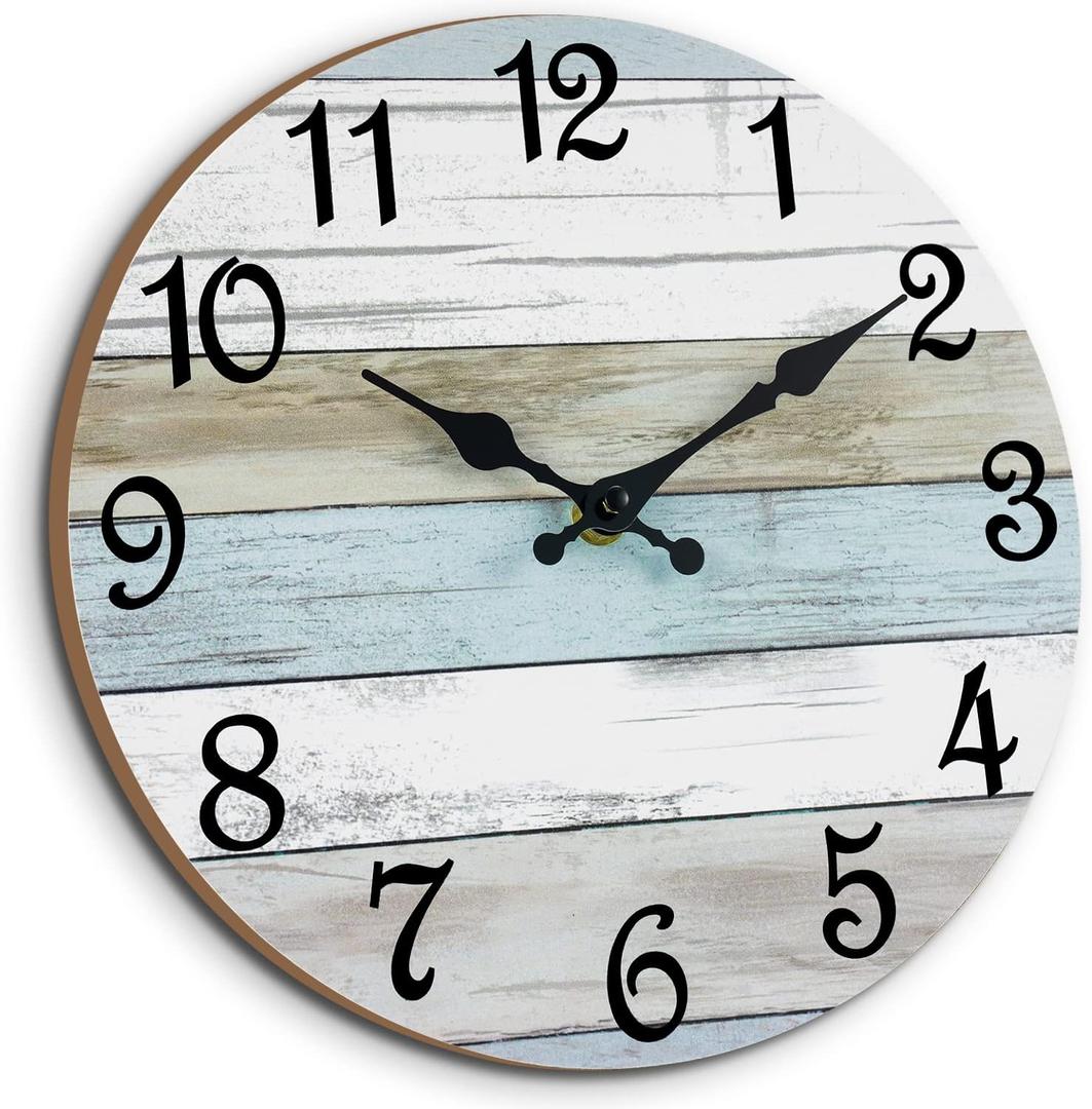 CHYLIN Wall Clock 12-Inch Bathroom Clock, Rustic Battery-Operated Wall Clocks, Silent Non-Ticking Wooden Coastal Beach Clock for Kitchen, Living Room, Bedroom (White) (12 Inch, B-white, brown, blue)
