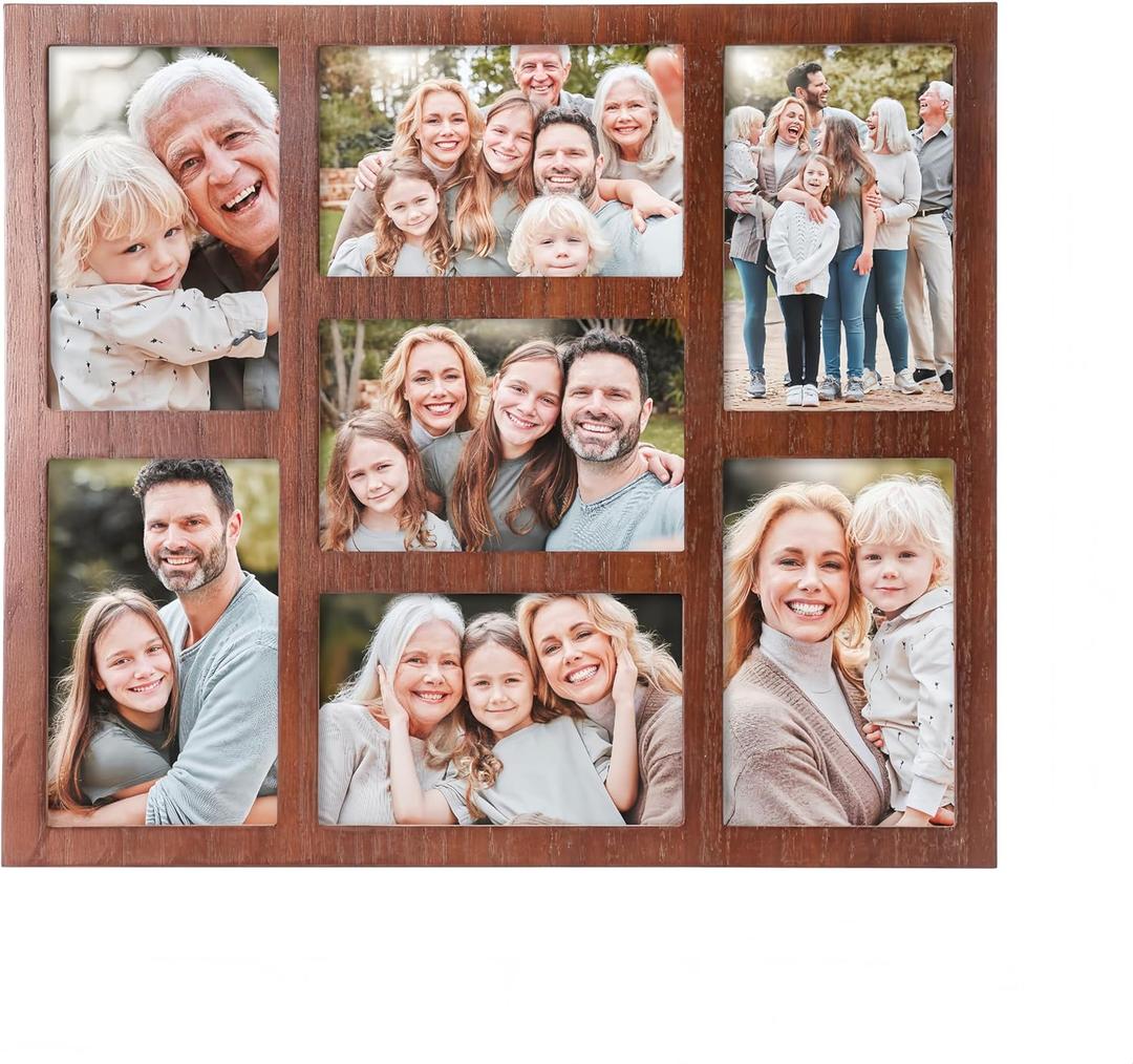 7-Opening Picture Frame Collage for 4x6 Photos – Dark Brown Multi Photo Frame for Wall or Tabletop Display – Rustic Wood Style Family Photo Frame, Home Décor Gallery Frame for Living Room, Bedroom, or Hallway