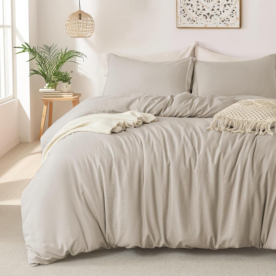 MILDLY Super Soft Duvet Cover - 100% Washed Microfiber Oatmeal Linen Grey Comforter Cover Set 3 Pieces with Zipper Closure & Corner Ties (No Comforter) (King(104"x90"), 01 - Oatmeal Linen Grey (No Comforter))