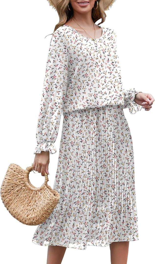 Womens Casual Midi Dress Long Sleeve Floral Chiffon A Line Flowy Vacation Dresses