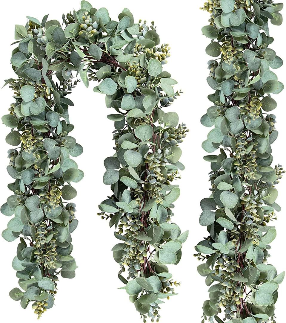 Ouddy Decor 2 Pack Eucalyptus Garland Total 13.1 Ft Lush Silver Dollar Leaves Boxwood Artificial Faux Greenery Vines for Baby Shower Wedding Party Table Runner Room Home Mantle Decor (2 Pack, Green)