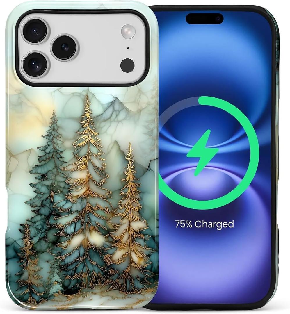 for iPhone 17 Pro Max Case,Compatible with MagSafe,Dual-Layer Hard Shell + Silicone Cover,Full Body Protection Shockproof Case for iPhone 17 Pro Max-Stained Glass Pine Trees
