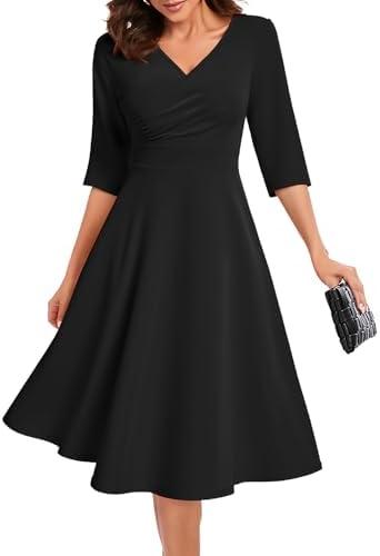 Bbonlinedress Midi Cocktail Dress Formal Wedding Guest 3/4 Sleeve Church V-Neck Work A-Line Swing Tea Party Dress Size L
