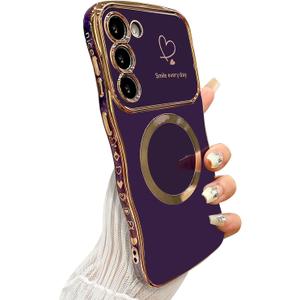 ZONRW for Samsung Galaxy S23 Case Magnetic,for Women Girls Soft Cute Wave Frame Curly Shape Love Heart Luxury Plating Phone Case Compatible with MagSafe Shockproof Back Cover 6.1"-Dark Purple