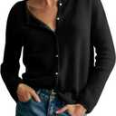 Lviefent Women Knit Cardigans Lightweight Casual Crew Neck Button Down Long Sleeve Sweater Jumper Layer Top (Small, Black)