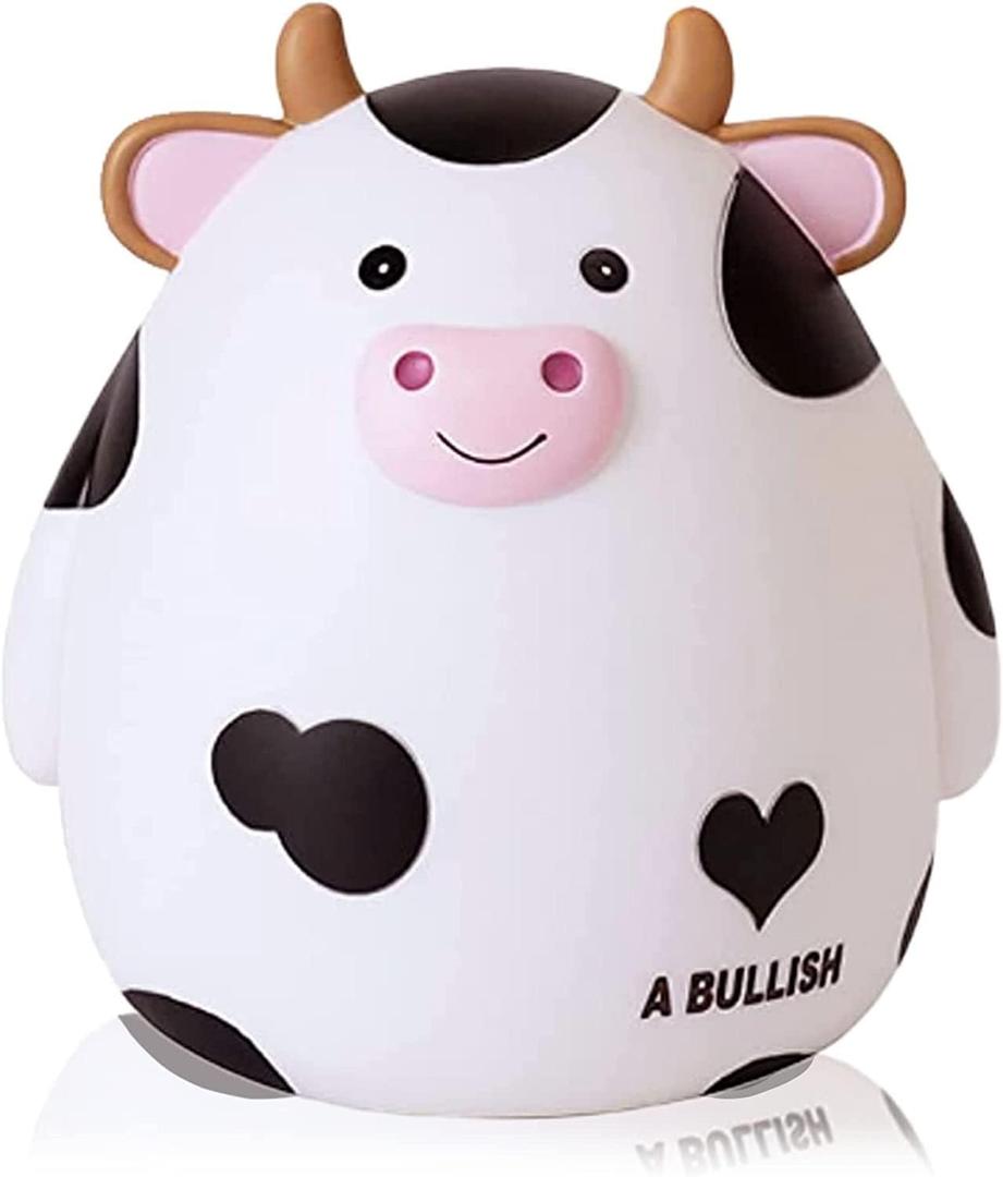 H&W Cow Piggy Bank, L Size, Unbreakable Coin Box for Kids, Cute Animal Money Bank Birthday for Boys Girls,Coin Saving Boxes (White)