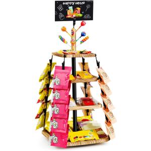 Chip Rack Display Stand for Party, 360 Wooden 4-Tier Snack Organizer, Candy Display Rack Holder, Lollipop Holder with DIY Handwritten Chalkboard for Party, Countertop, Concession Stand, and Pantry