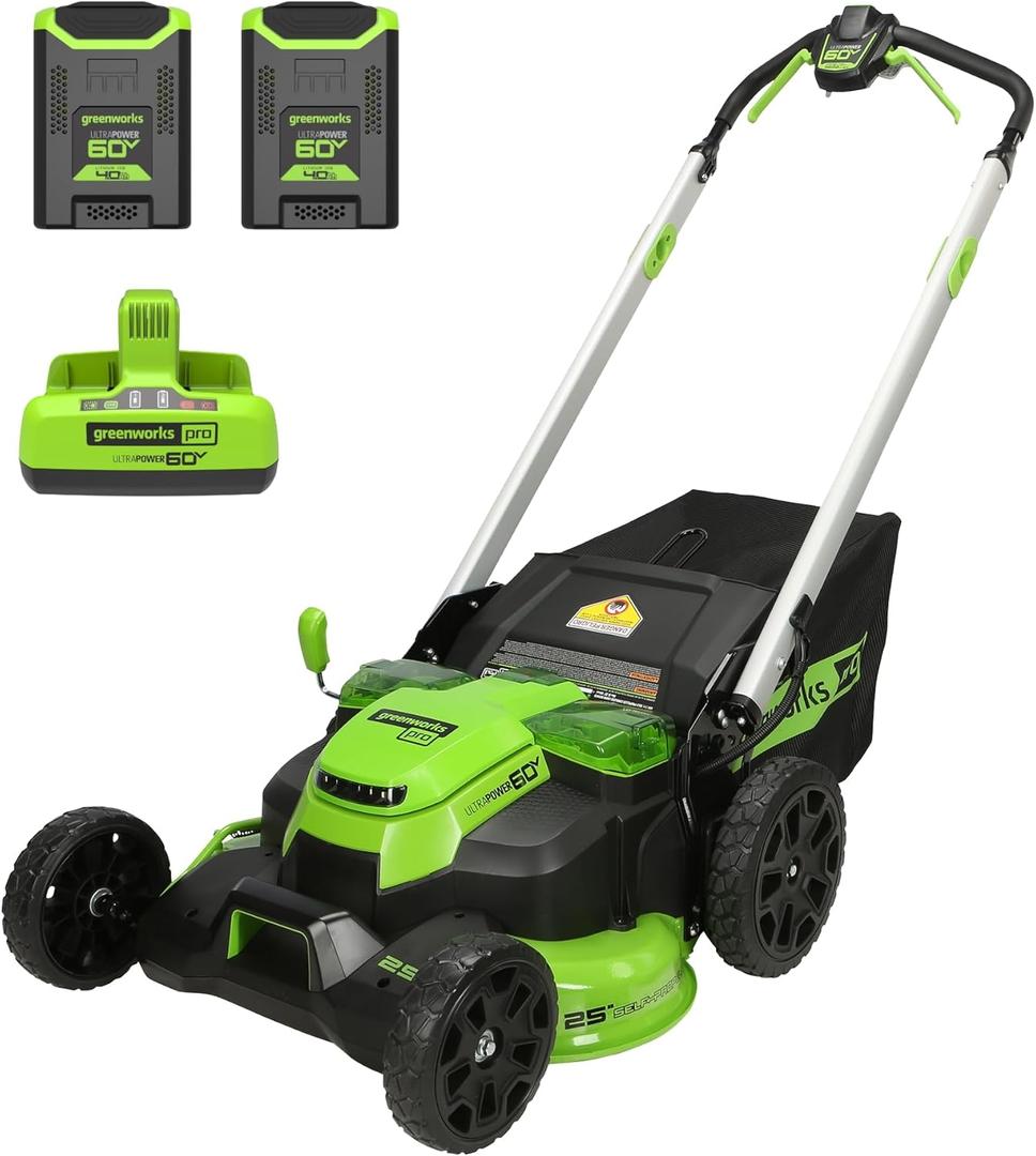 Greenworks 60V 25 Cordless (Self-Propelled) Lawn Mower (LED Lights + Aluminum Handles), 2 x 4.0Ah Batteries and Dual Port Rapid Charger