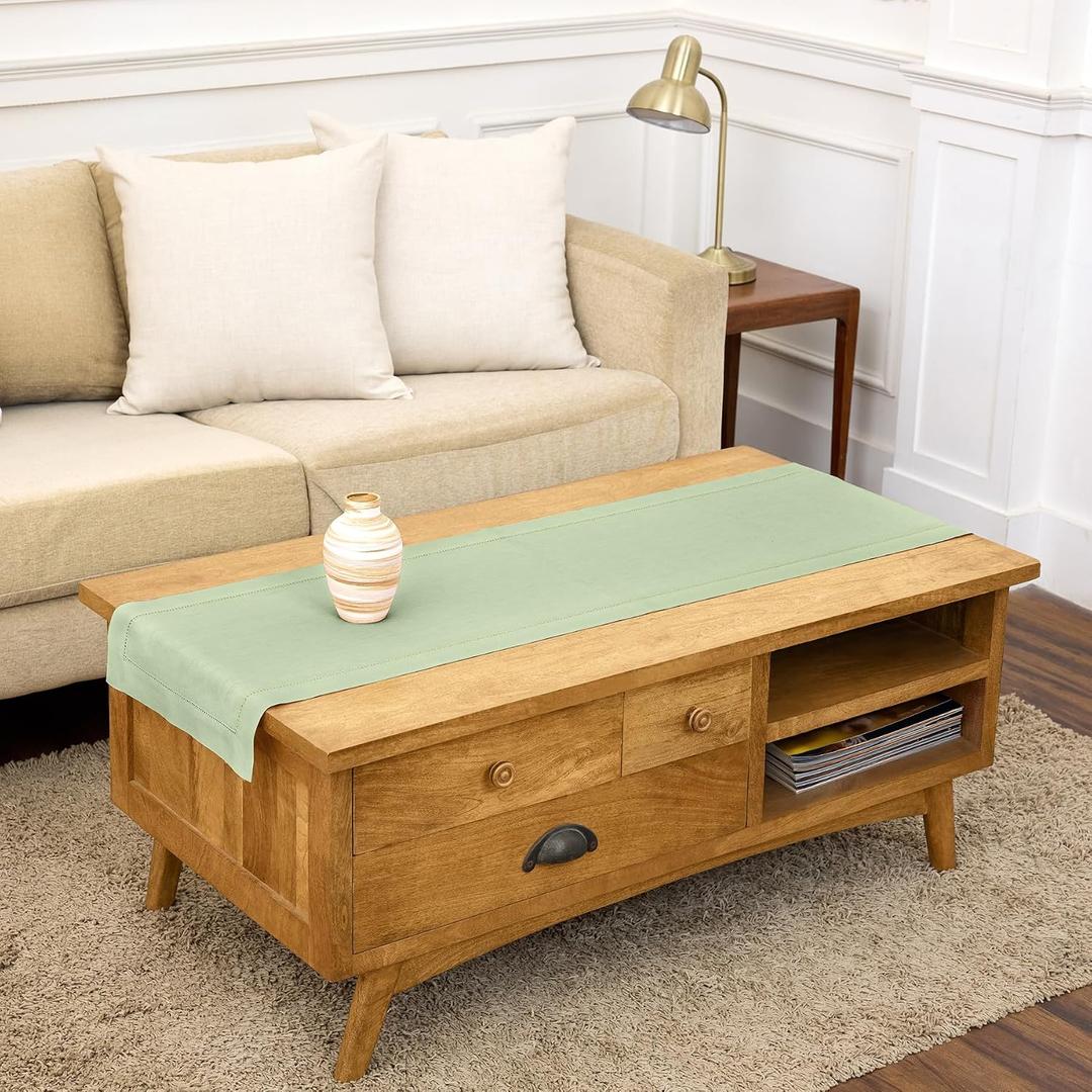 Solino Home Linen Light Green Hemstitch Table Runner 48 Inches - 100% Pure Linen Small Table Runner 14 x 48 Inch for Dresser and Coffee Tables, Spring, Summer - Classic Hemstitch