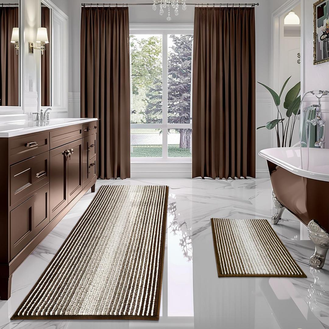 BSICPRO Bathroom Rugs and Mats Sets, 2 Piece Thick Absorbent Chenille Bath Mat Rug Set Non Slip, Soft Shaggy Bath Room Floor Mats for Bathroom, Machine Washable (Brown, 24" x 70" Plus 20" x 32") (24" x 70" Plus 20" x 32", Brown)