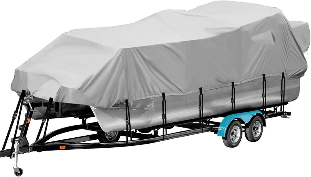 Pontoon Boat Cover 21-24 ft, 21 22 23 24 Foot Waterproof Pontoon Cover, 1200D Heavy Duty Canvas 21' 22' 23' 24' Pontoon Boat Cover with Motor Cover, Gray