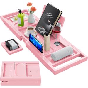 Yirilan Premium Bathtub Tray Caddy - Expandable Bath Tray - Unique House Warming Gifts, New Home, Anniversary & Wedding Gifts for Couple, Bridal Shower Gift for Women-Pink