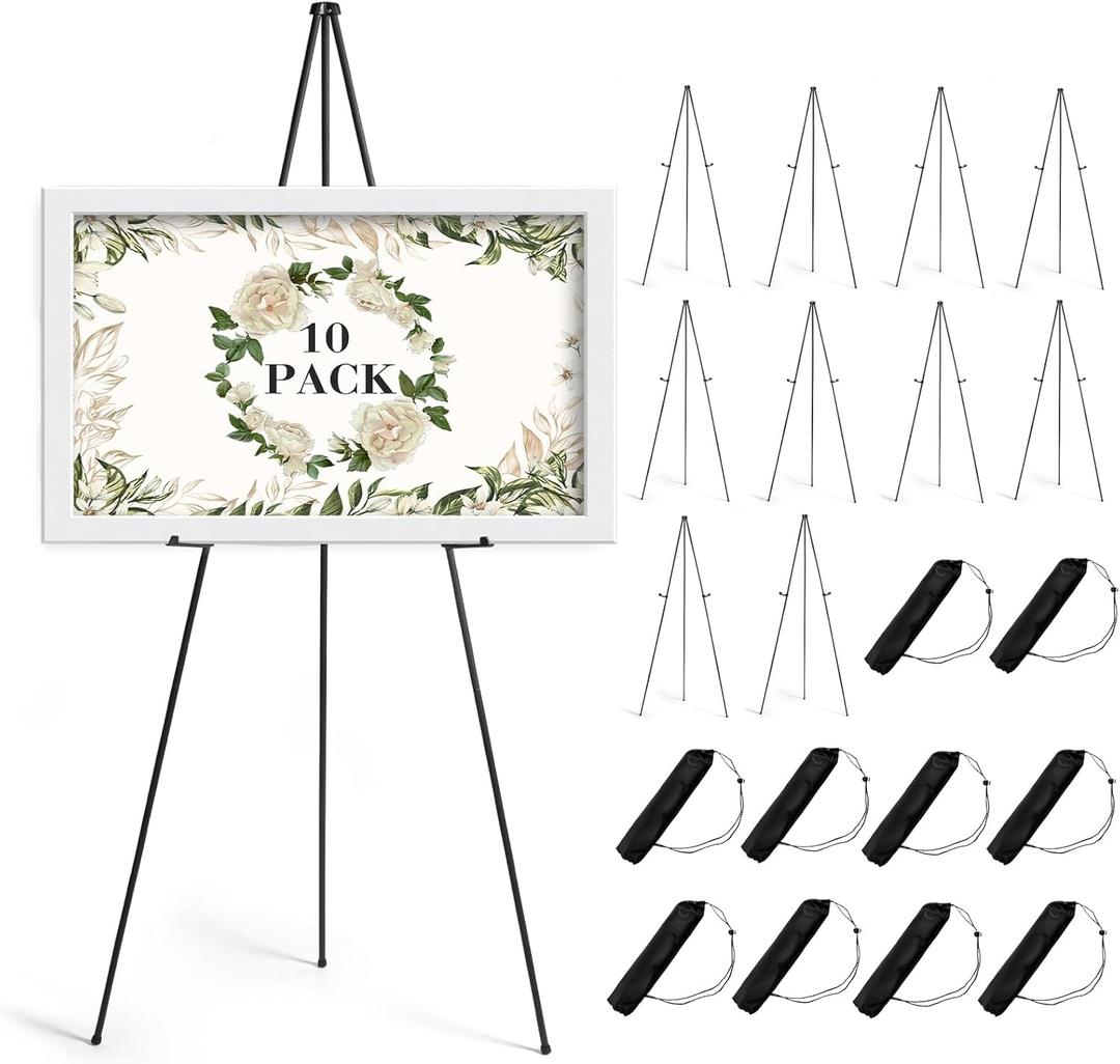 AZEAM 63" Easel Stand for Sign, 10 Pack Portable Easel for Painting, Foldable Black Metal Easel Display Stand Poster Holder Adjustable Sign Stand for Display Wedding Arts Poster