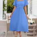 Women Square Neck Short Sleeve Dress 2025 Summer Midi Dresses Crossover Waist Casual Evening Party Vacation Dress (Blue, M)