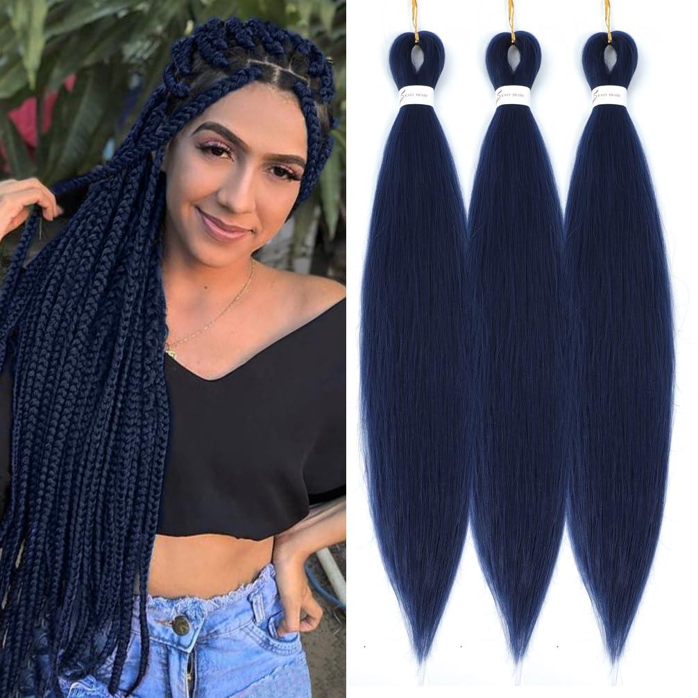 Dark Blue Braiding Hair Pre Stretched Box Braids 26 Inch Braiding hair Extensions Itch Free Hot Water Setting Blue Braiding Hair Easy Braid Yaki Texture Synthetic Braid Hair(26inch 3Packs)