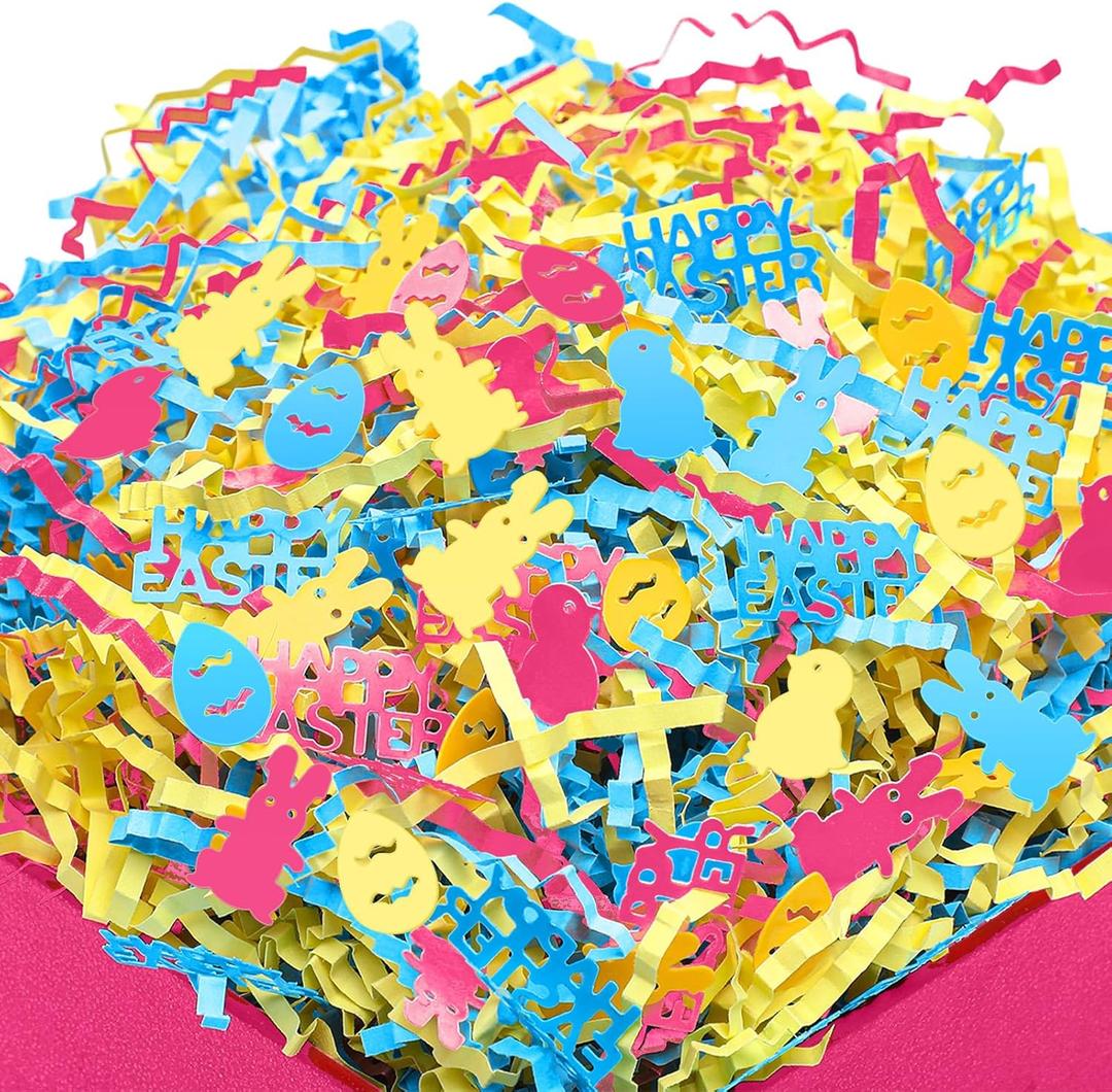 Knitgrip 2lb Easter Grass Crinkle Cut Paper Filler with Bunny Egg Happy Easter Confetti Shred Basket Filler Stuffers Iridescent Raffia Grass for Bunny Gift Box Packaging Wrapping Decoration (Blue Yellow Pink)