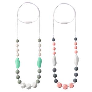 Baby Teething Necklace for Mom - 2PCS Babies Nursing Necklaces for Mom to Wear, Sensory Teether Toy for Kids Adults Toddlers, Teethers Jewelry for Baby Shower Birthday Gift (Pink White, Green)