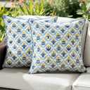 ANRODUO Floral Outdoor Waterproof Pillow Covers Set of 2 Yellow 20x20 Inch | Square Block Print Decorative Cushion Cases With Refined Edge Piping for Summer Patio Porch Garden Couch Sofa Bench Decor