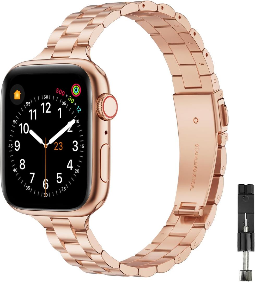 OMIU Thin Bands Compatible with Apple Watch 40mm 38mm 41mm 42mm (Series 10 11), Stainless Steel Metal Replacement Adjustable Wristband Strap for iWatch Ultra3/2/1 SE1/2/3 Series 9/8/7/6/5/4/3/2/1 Women (A-Rose Gold)