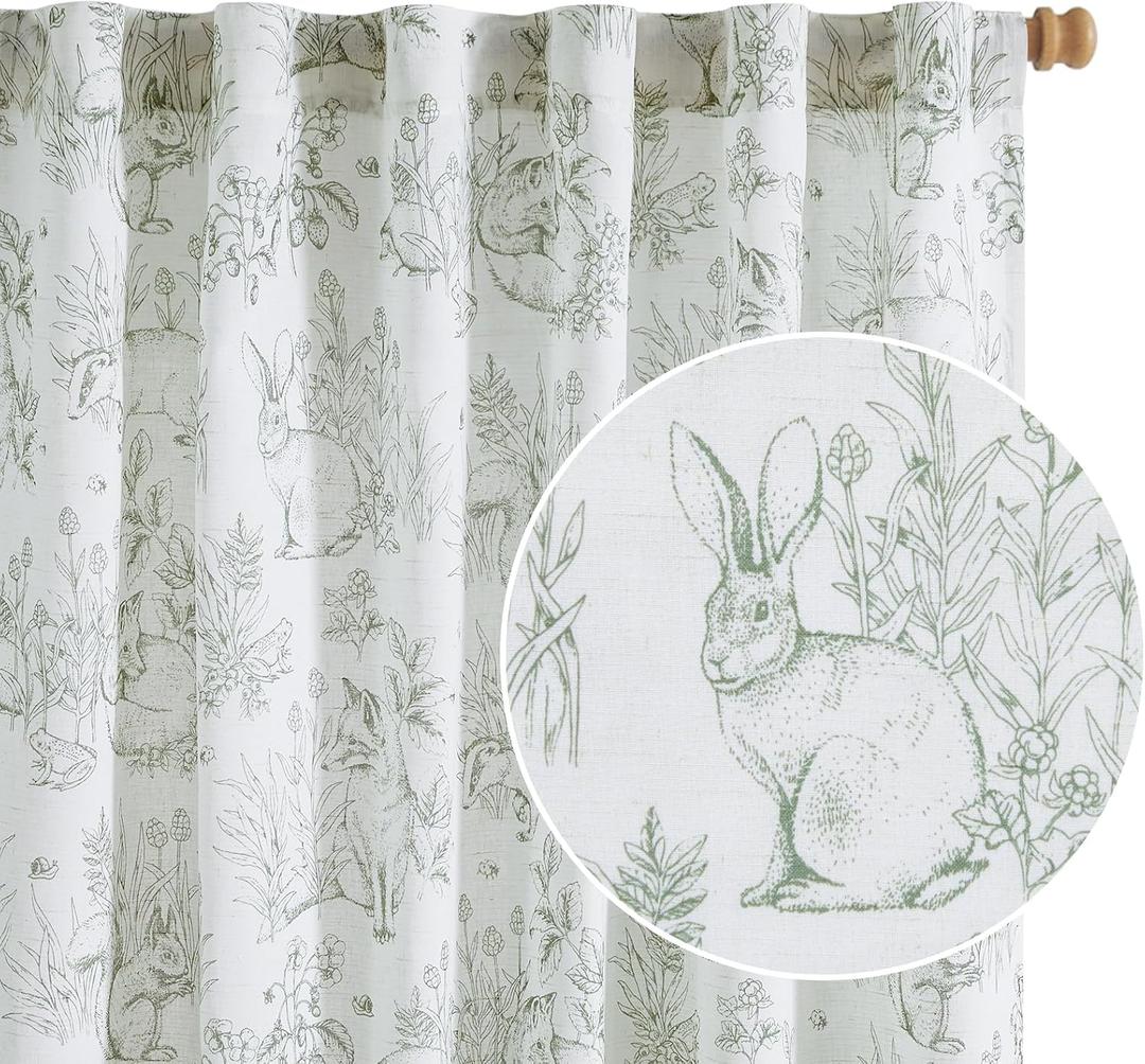 jinchan Linen Nursery Curtains 63 inch Long Woodland Wildlife Sage Green Print Drapes for Kid's Room Light Filtering French Country Farmhouse Curtains with Bunny and Forest Design Set of 2 Panels
