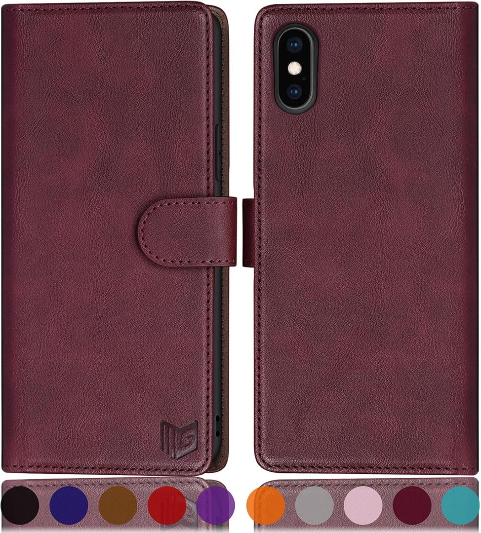 SUANPOT for iPhone X/XS 5.8inch(Non XS Max 6.5") with RFID Blocking Leather Wallet case Credit Card Holder, Flip Folio Book Phone case Shockproof Cover for Women Men for Apple X/Xs case Wine Red