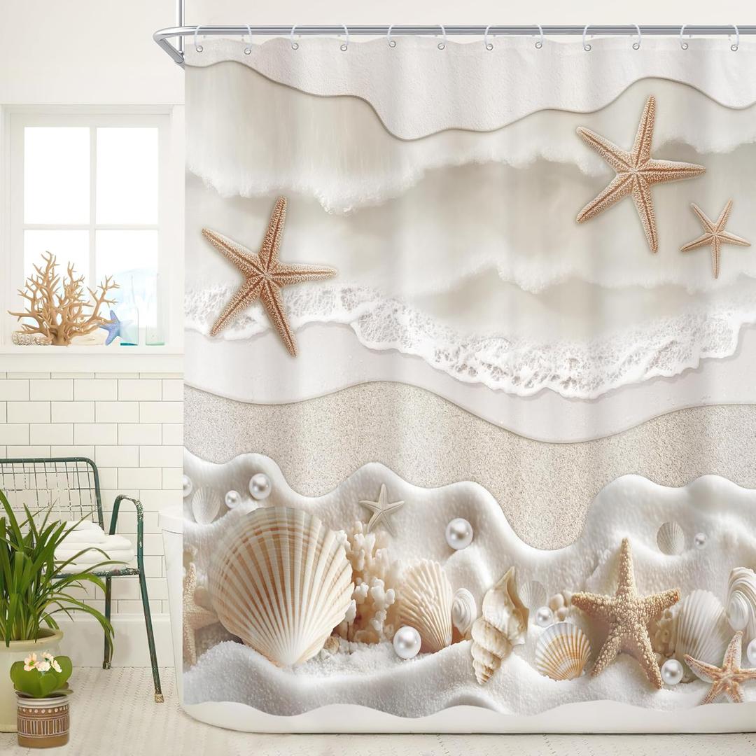 Cinbloo Starfish Beach Coastal 72Wx72H Shower Curtain Beige White Ocean Seashells Conch Pearl Coral Seacoast Sand Sea Waves Bathroom Curtain Set Summer Scenry Modern Bath Bathroom Accessories Decor