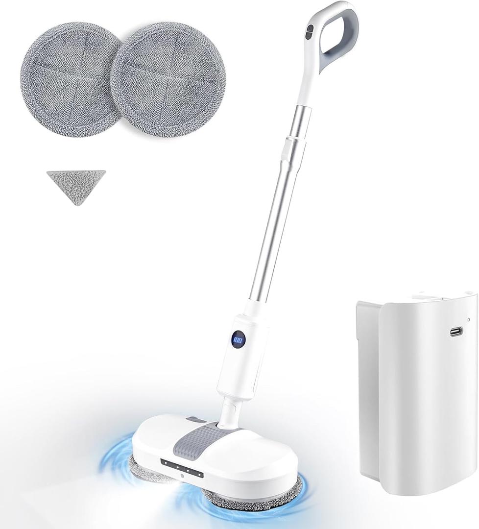 Cordless Electric Mop, Detachable Charging,Dual Motor Powerful Spin, Cordless Mop with LED Headlight/Water Sprayer, 250ML Large Water Tank Spin, Quiet Cleaning & Waxing-Suitable for Multi-layer Floors (Large/Digital display/2000mAH)