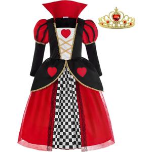 ReliBeauty Red Hearts Girls Costume Queen Dress for Kids Girls with Crown (6-7/130)