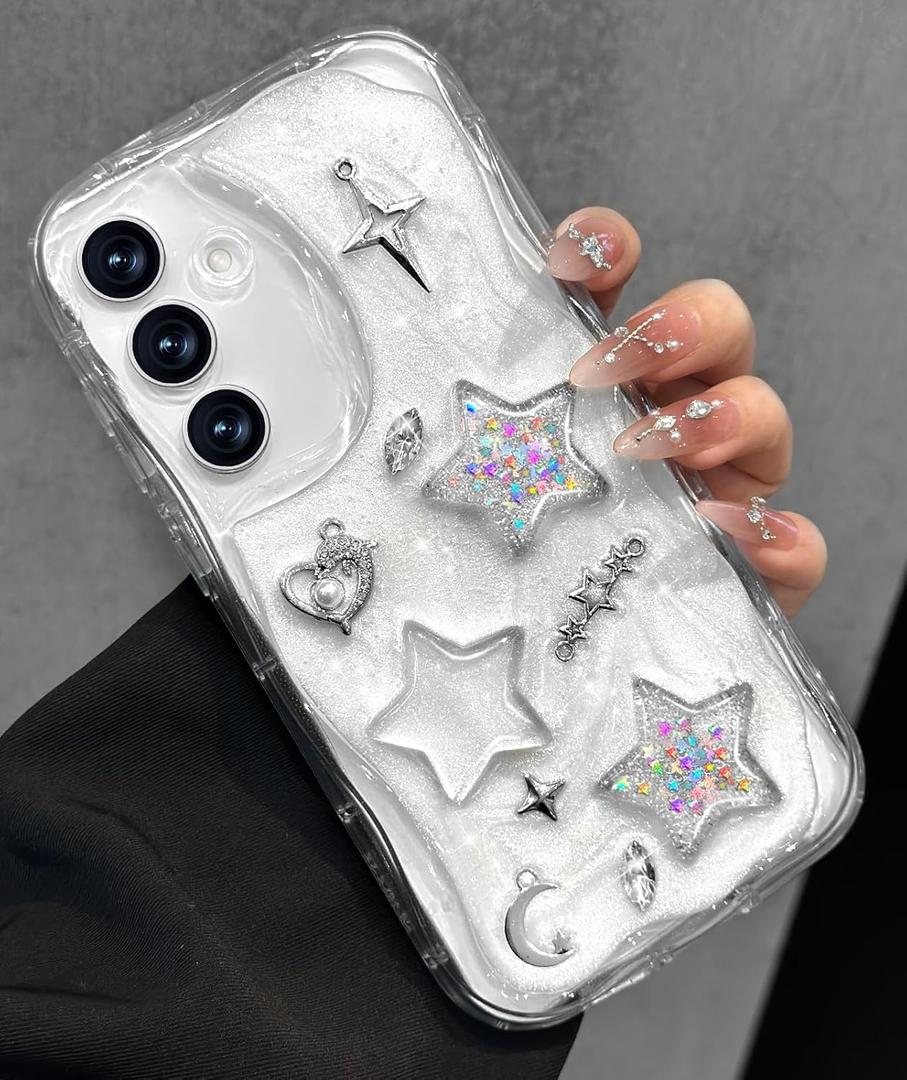 Toycamp for Samsung Galaxy S24 Fe case Women - Cute Girly Girls Phone Cover for Samsung S24 Fe Kawaii Aesthetic Pretty Unique Glitter Bling Sparkle Wave Design Funda para S24Fe, Stars
